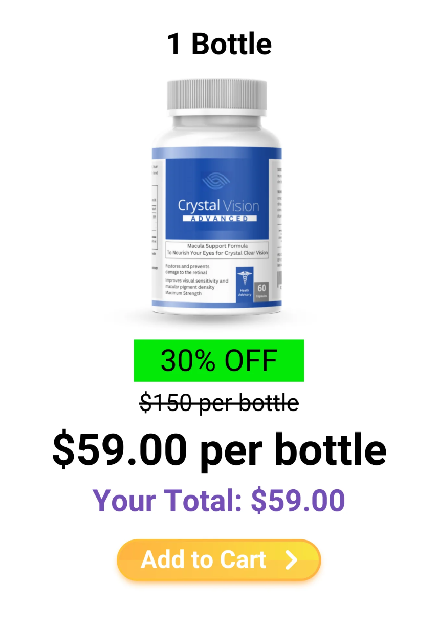 Single bottle option of Crystal Vision and Vision Clear Formula showing standard pricing for first-time customers.
