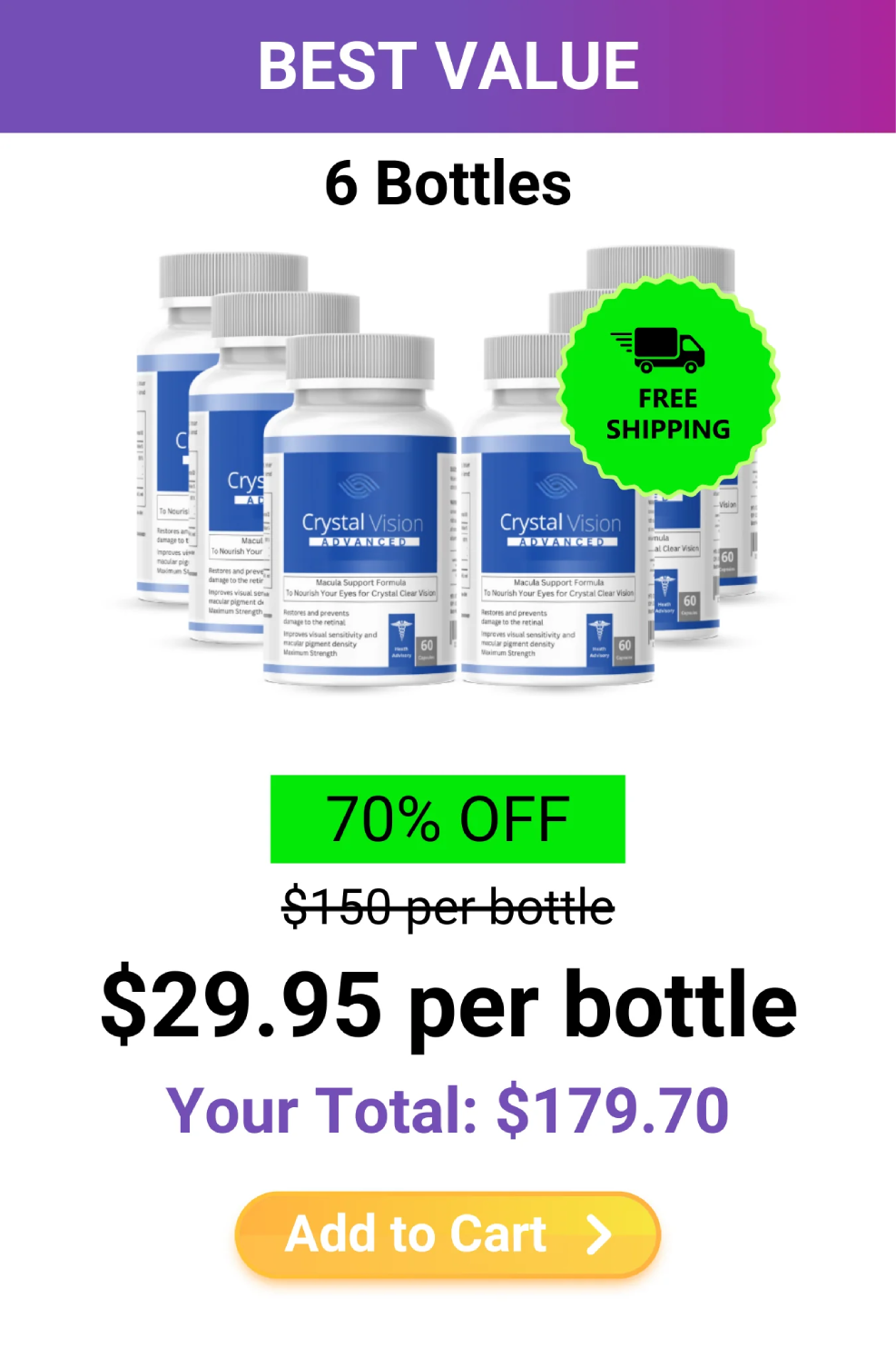 Six bottle premium bundle of Vision Clear and Crystal Vision highlighted as the highest discount option for long-term supply.